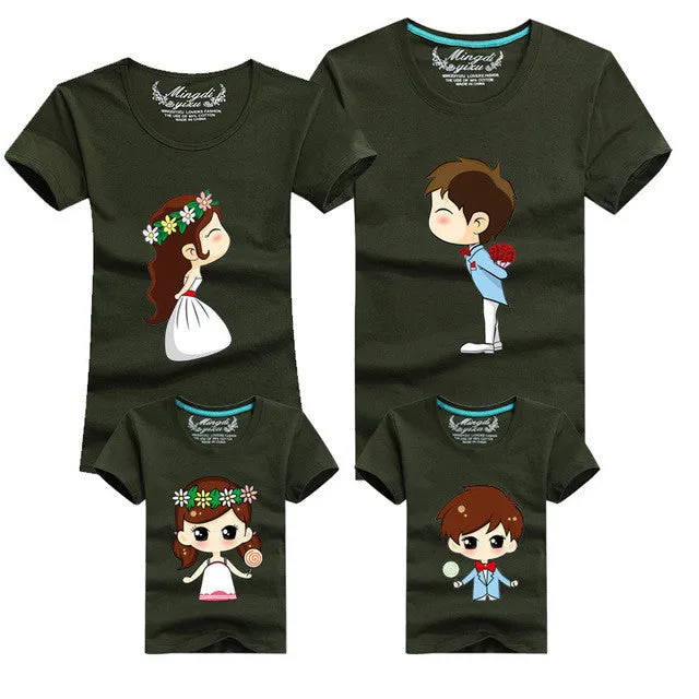 1 Piece Family Matching Outfits Mother Father Son Daughter Cartoon Bride Bridegroom Print Women Men Children Boy Girl T shirt