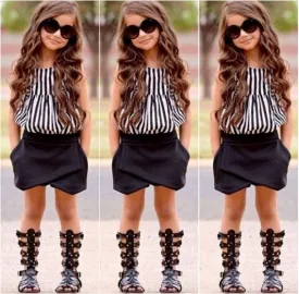 2016 NEW Hot-selling 2pcs Baby Kids Girls Summer Clothes Sleeveless Striped Tops Blouse Asymmetric Shorts Outfits set 2~7Y