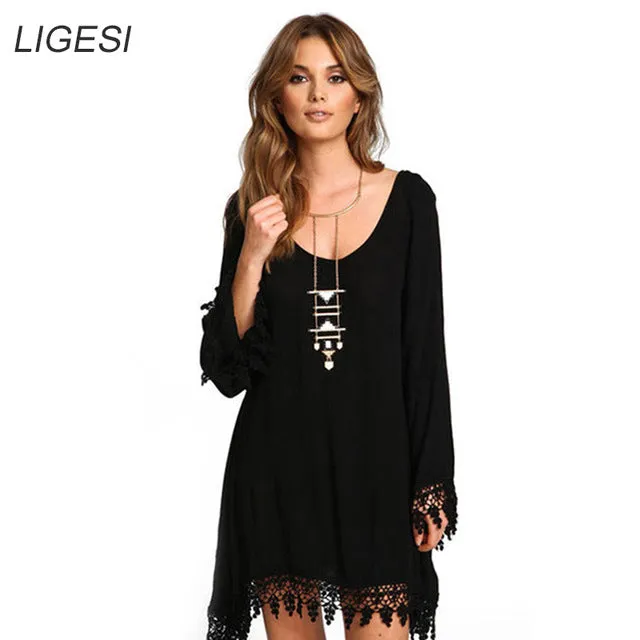 2017 Summer Women Boho Tassel Dress Short Vestido Sexy Lace Crochet Chiffon Tunic Hollow Black Beach Shirt Dress Blusa Hot Sale