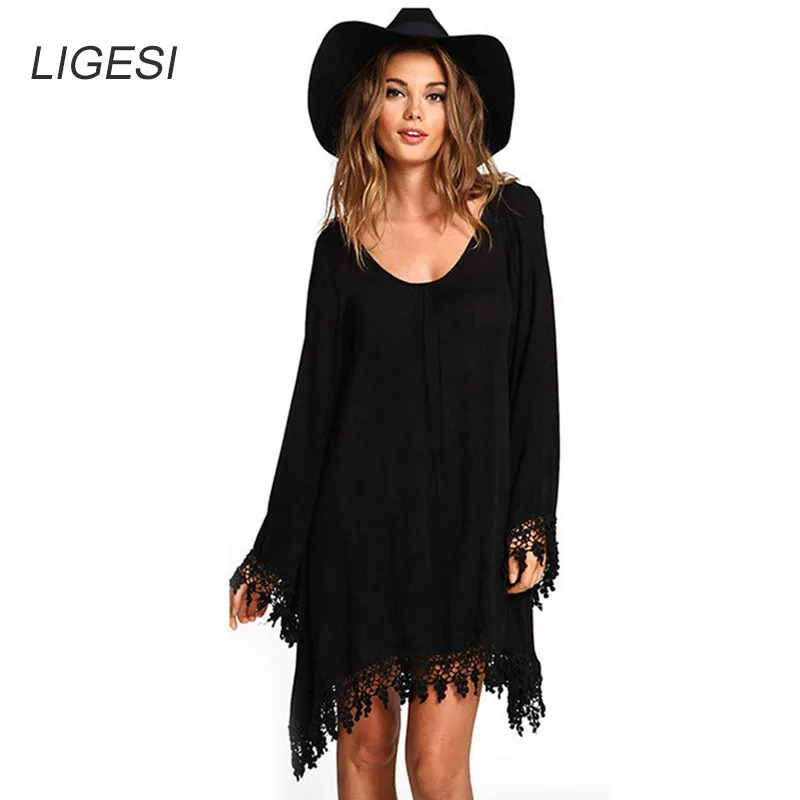 2017 Summer Women Boho Tassel Dress Short Vestido Sexy Lace Crochet Chiffon Tunic Hollow Black Beach Shirt Dress Blusa Hot Sale