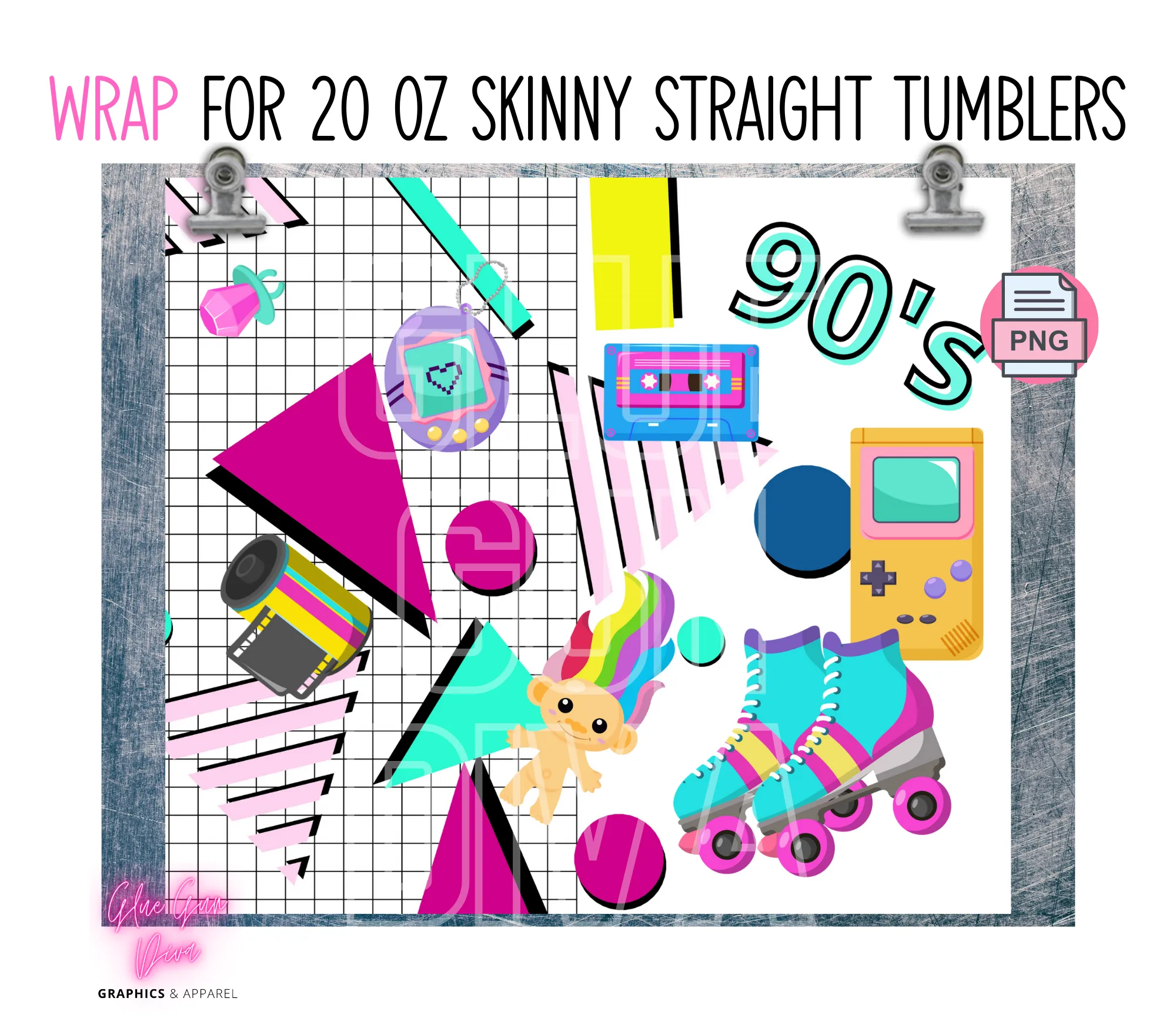 90s kid-  Digital tumbler wrap for 20 oz skinny straight tumbler