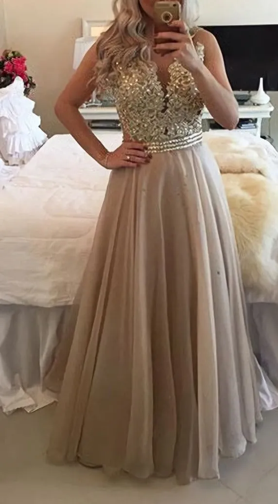 A Line Beading Champagne For Women Long Prom Dresses