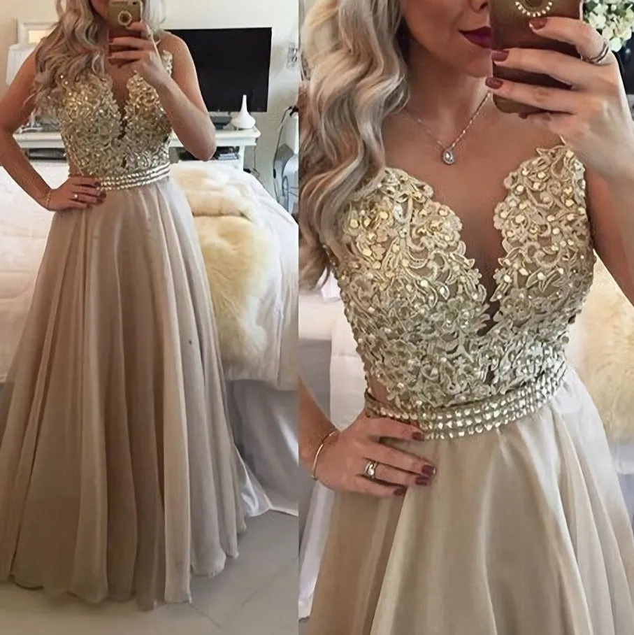 A Line Beading Champagne For Women Long Prom Dresses