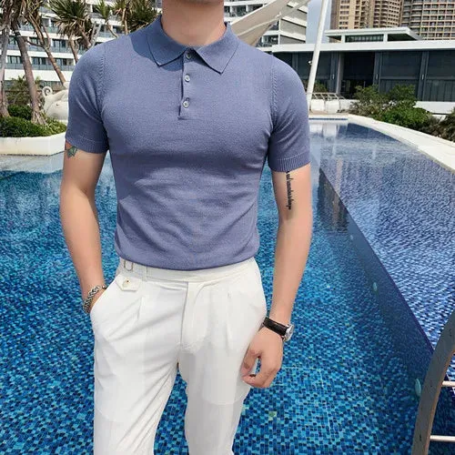 Advbridge -  Summer Men Korean Solid Color Shorts Sleeve Polo Breathable Knitted Shirts Male Casual Slim Fit Business Social Shirts L28