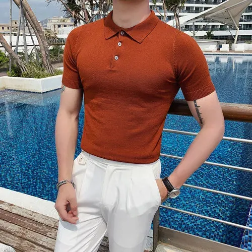 Advbridge -  Summer Men Korean Solid Color Shorts Sleeve Polo Breathable Knitted Shirts Male Casual Slim Fit Business Social Shirts L28