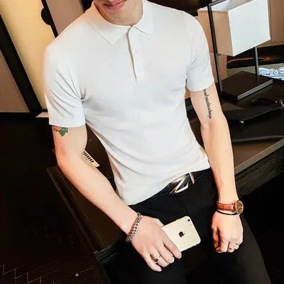 Advbridge -  Summer Men Korean Solid Color Shorts Sleeve Polo Breathable Knitted Shirts Male Casual Slim Fit Business Social Shirts L28