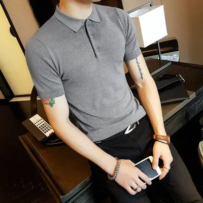 Advbridge -  Summer Men Korean Solid Color Shorts Sleeve Polo Breathable Knitted Shirts Male Casual Slim Fit Business Social Shirts L28