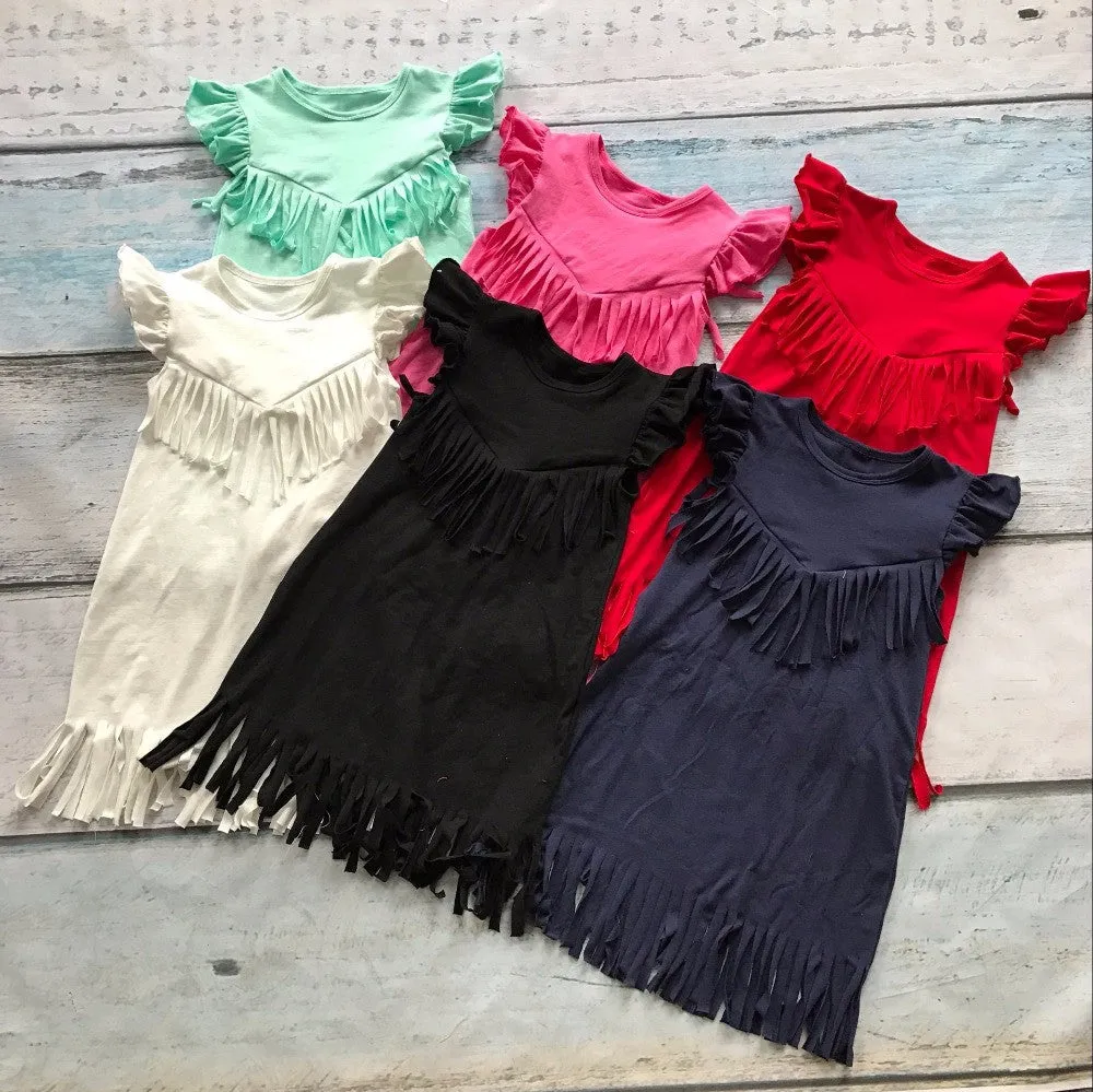 baby girls spring summer solid Tassels cotton dress boutique all-match clothing kids wear fringe multi color mint hot sale