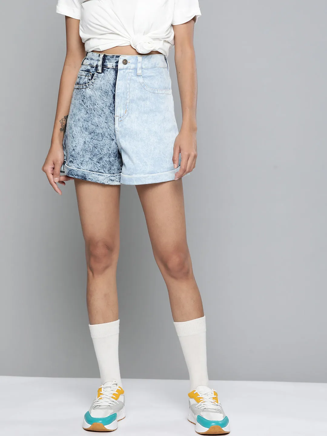 Blue & Navy High Waist Color Block Denim Shorts