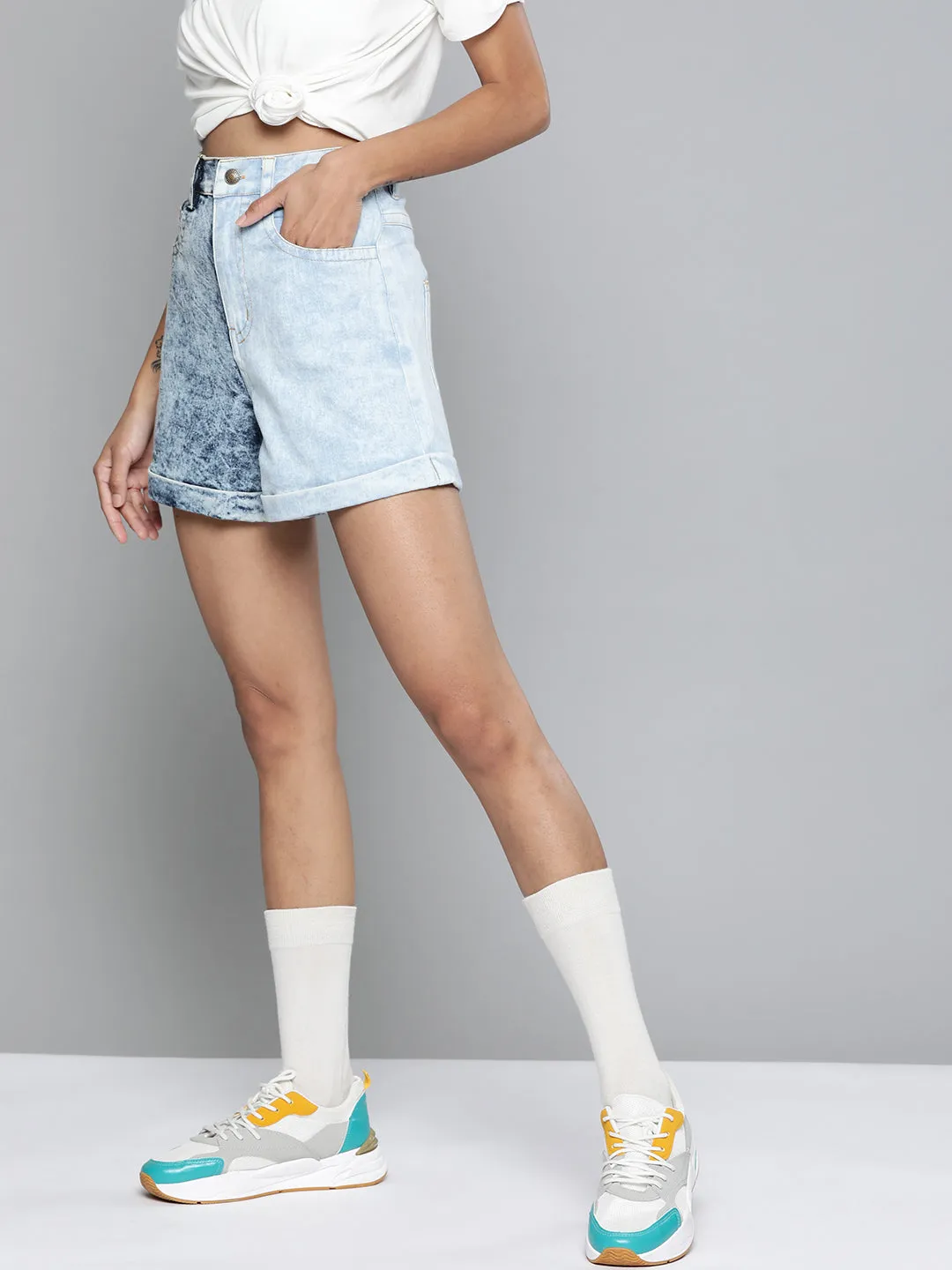 Blue & Navy High Waist Color Block Denim Shorts