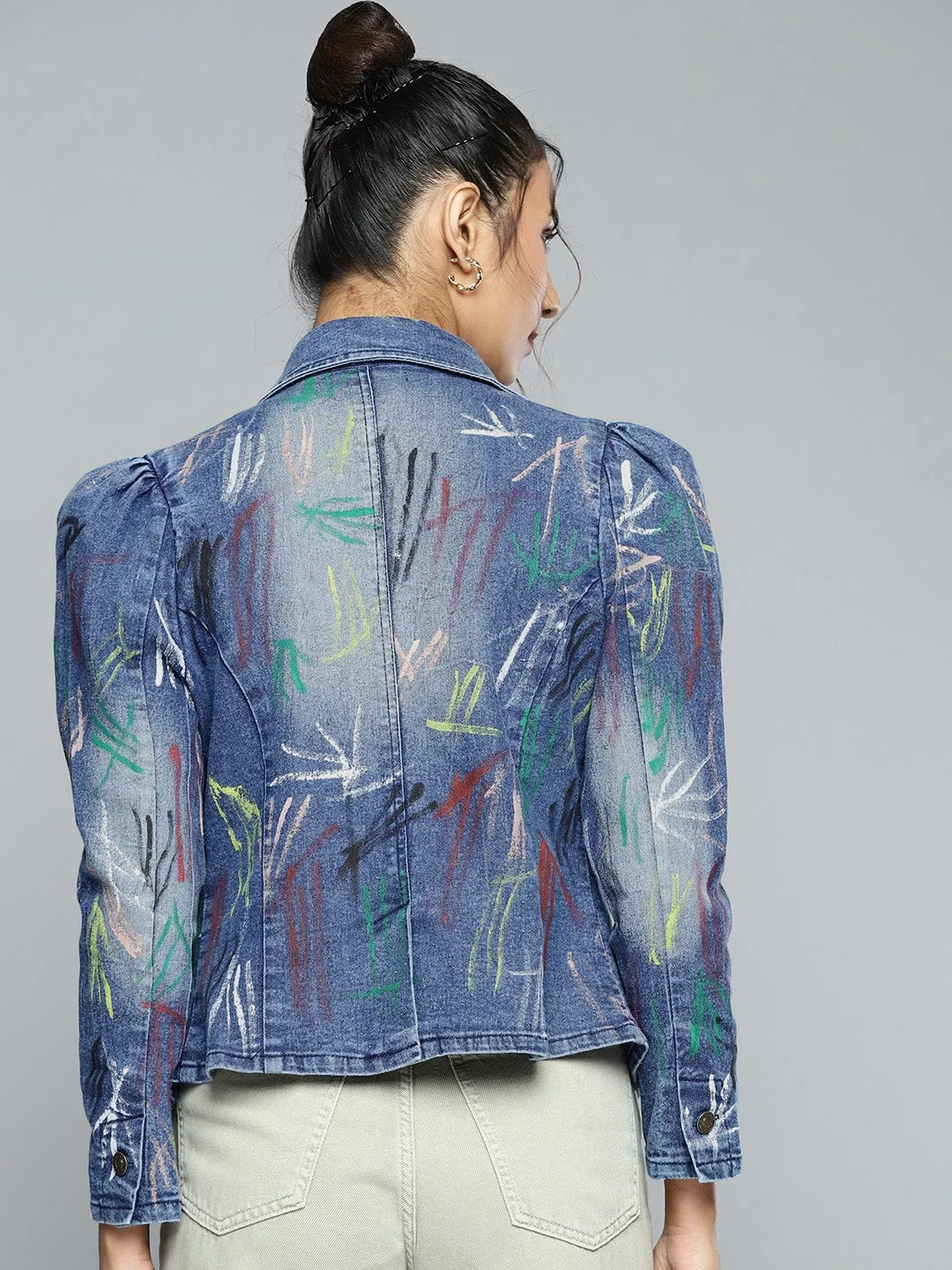 Blue Denim Blazer With Paint Spaltter