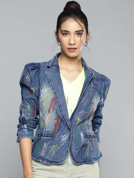 Blue Denim Blazer With Paint Spaltter