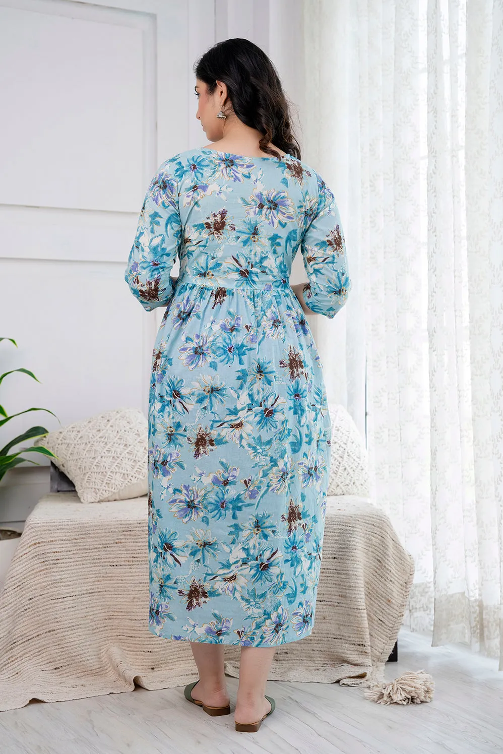 Blue Printed Maternity Dress For Women