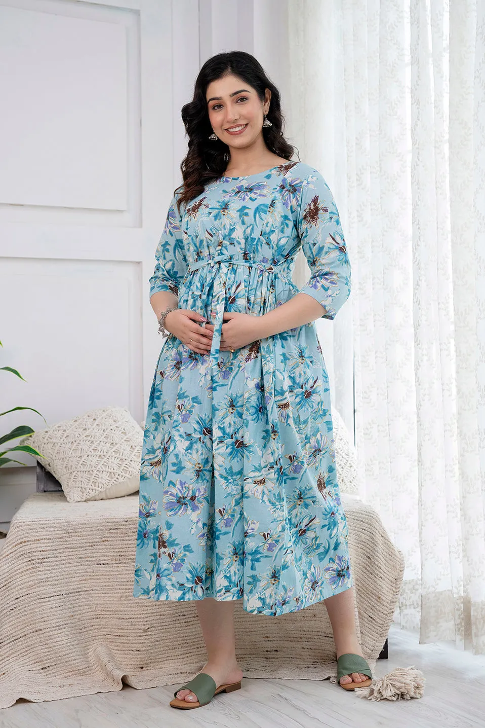 Blue Printed Maternity Dress For Women