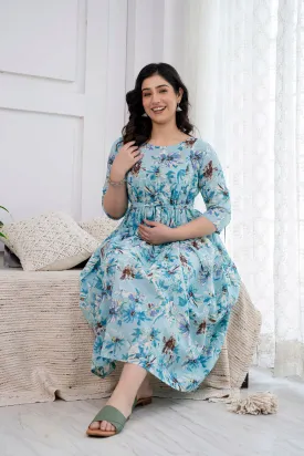 Blue Printed Maternity Dress For Women