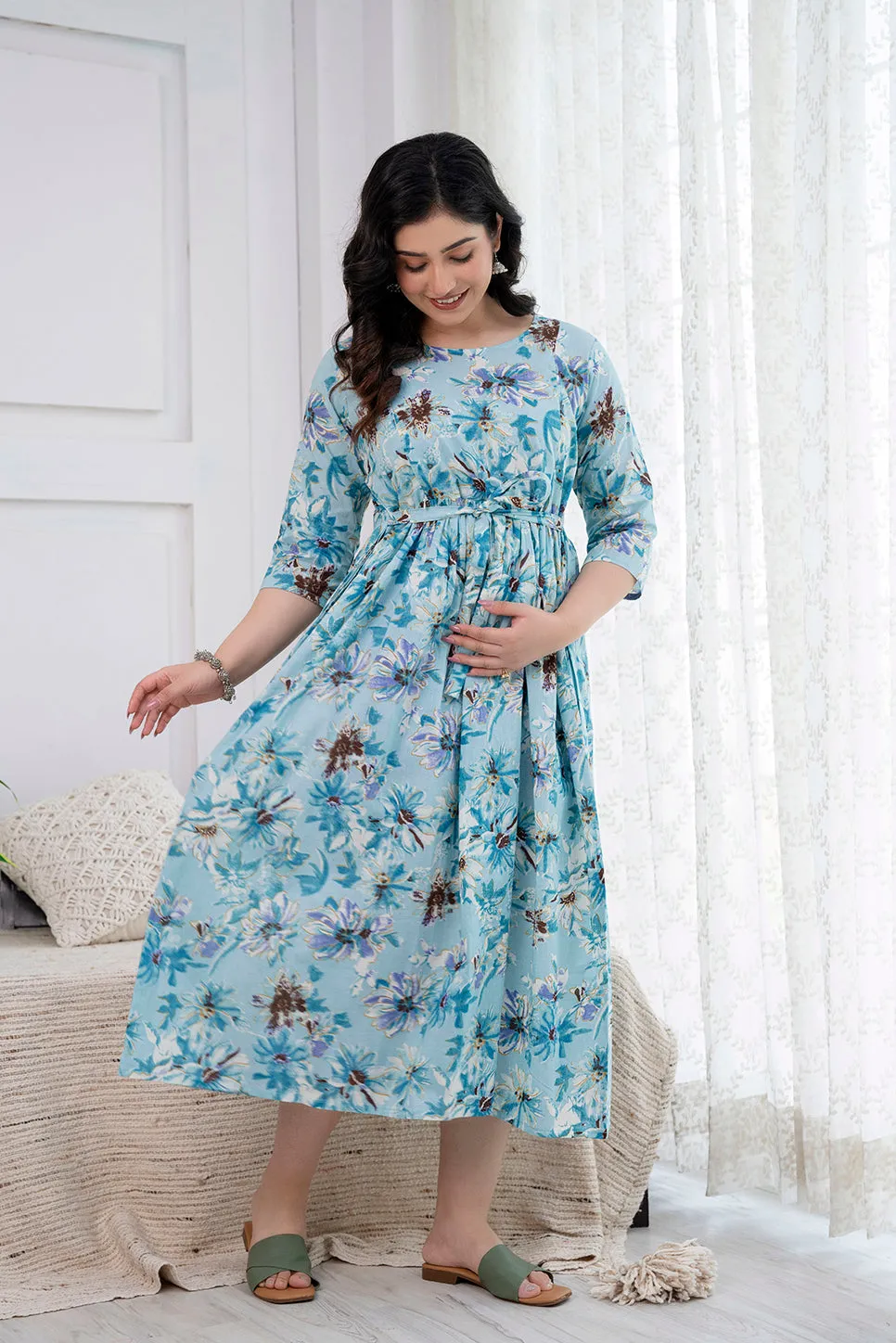 Blue Printed Maternity Dress For Women