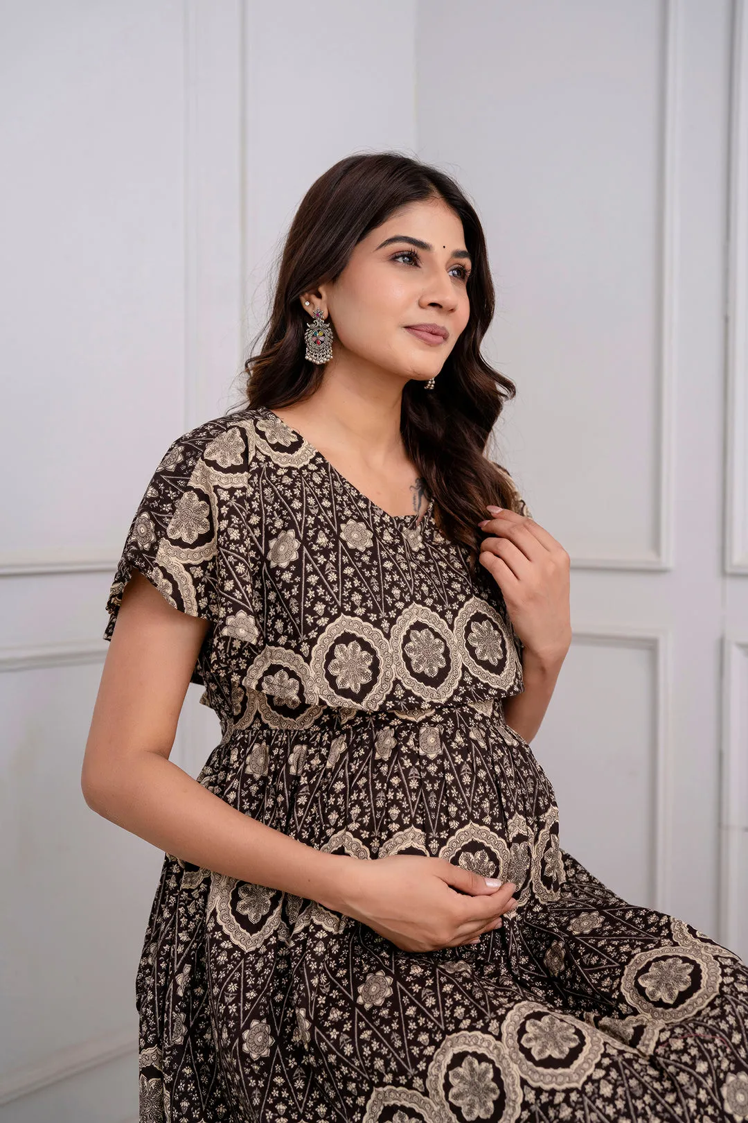 Brown Printed Maternity Dress For Women