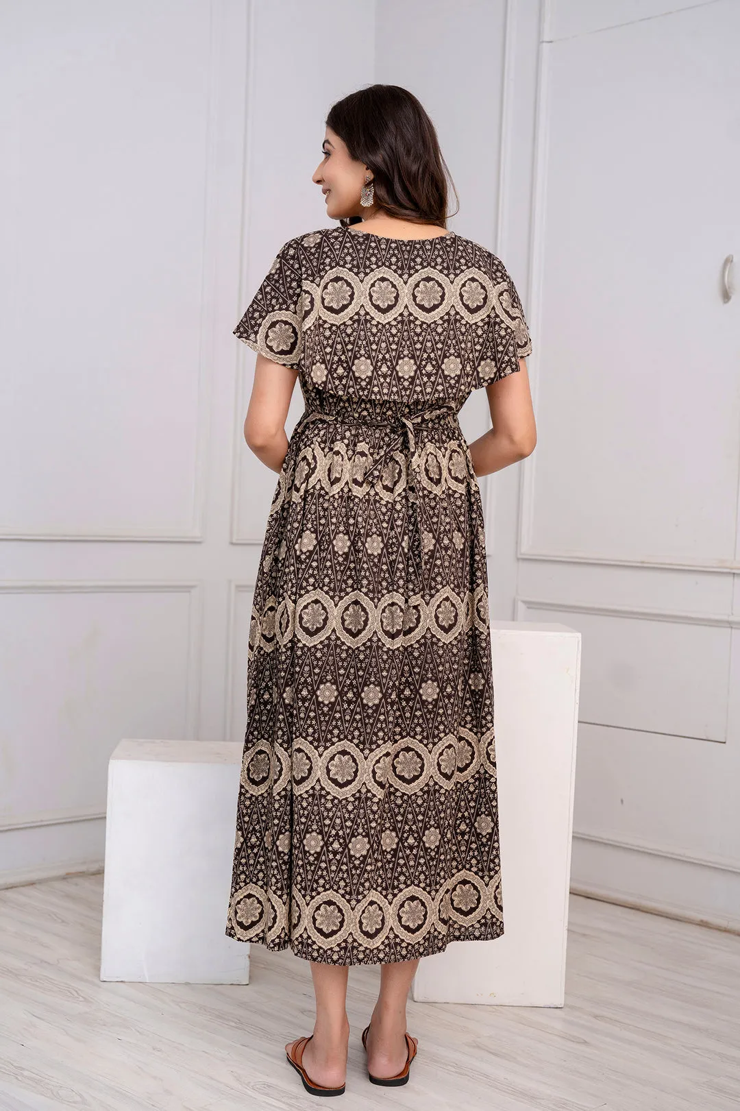 Brown Printed Maternity Dress For Women