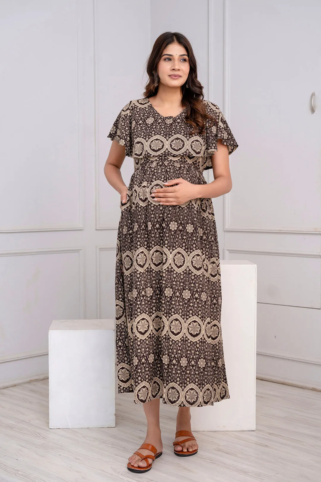 Brown Printed Maternity Dress For Women