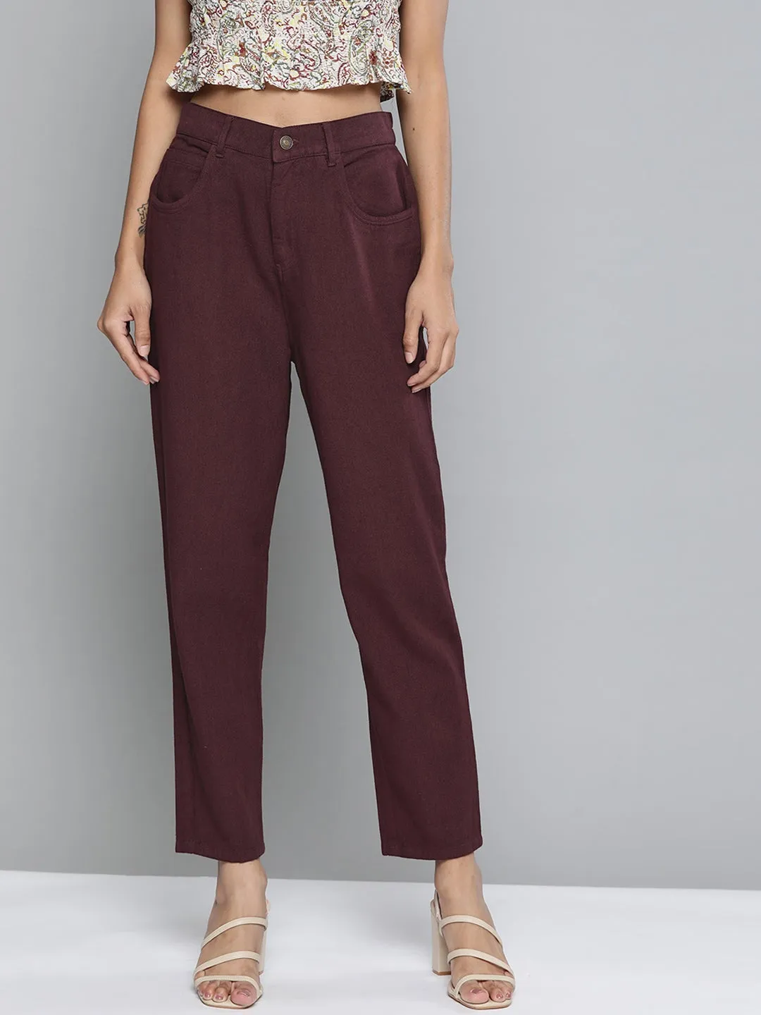 Burgundy High Waist Basic Jeans