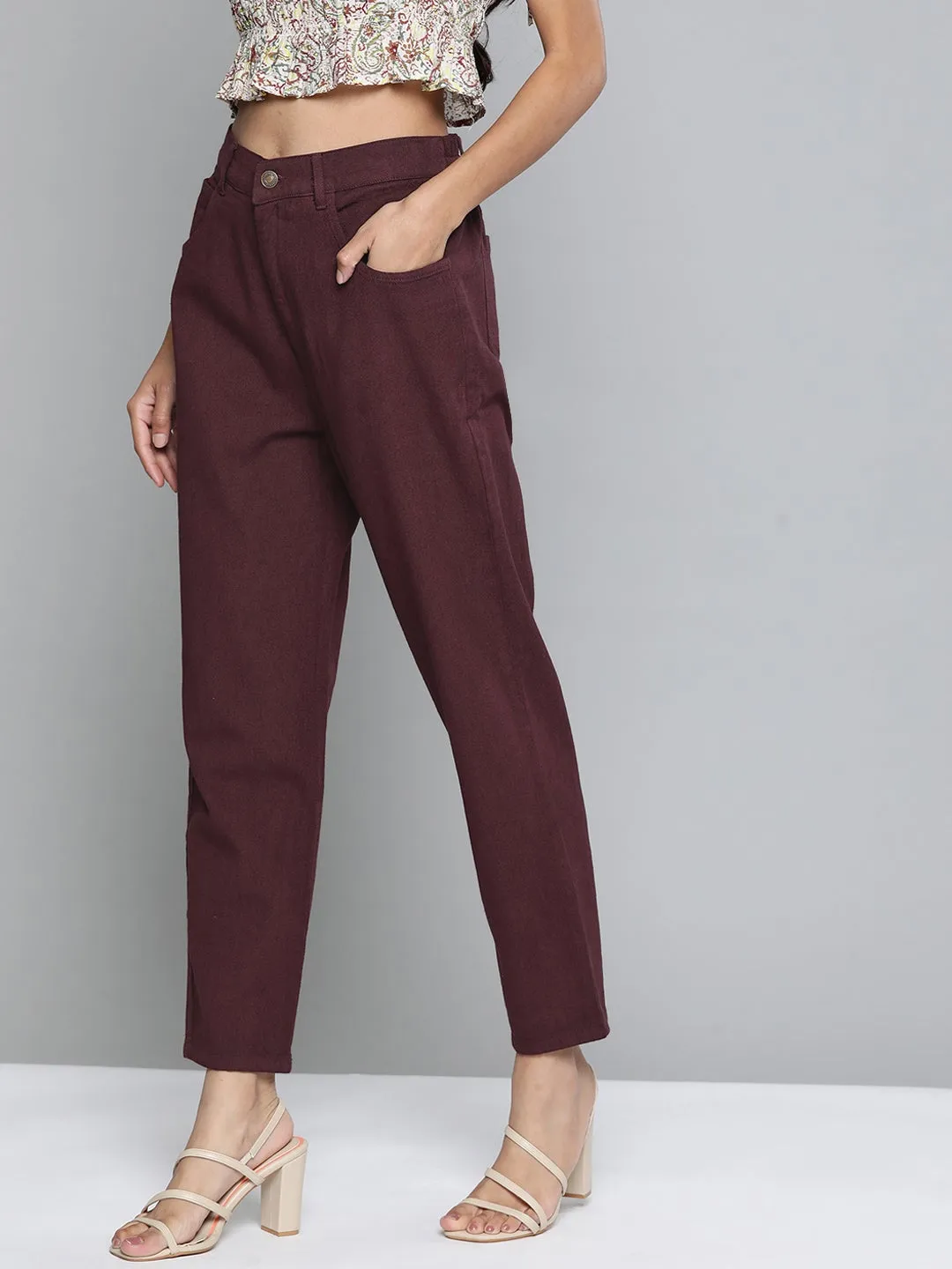 Burgundy High Waist Basic Jeans