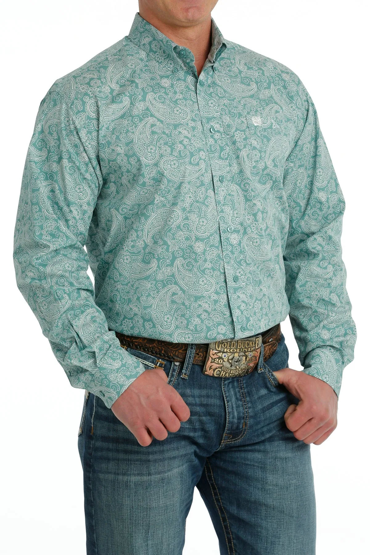 Cinch Turquoise/White Paisley Print Button-Down Shirt for Men