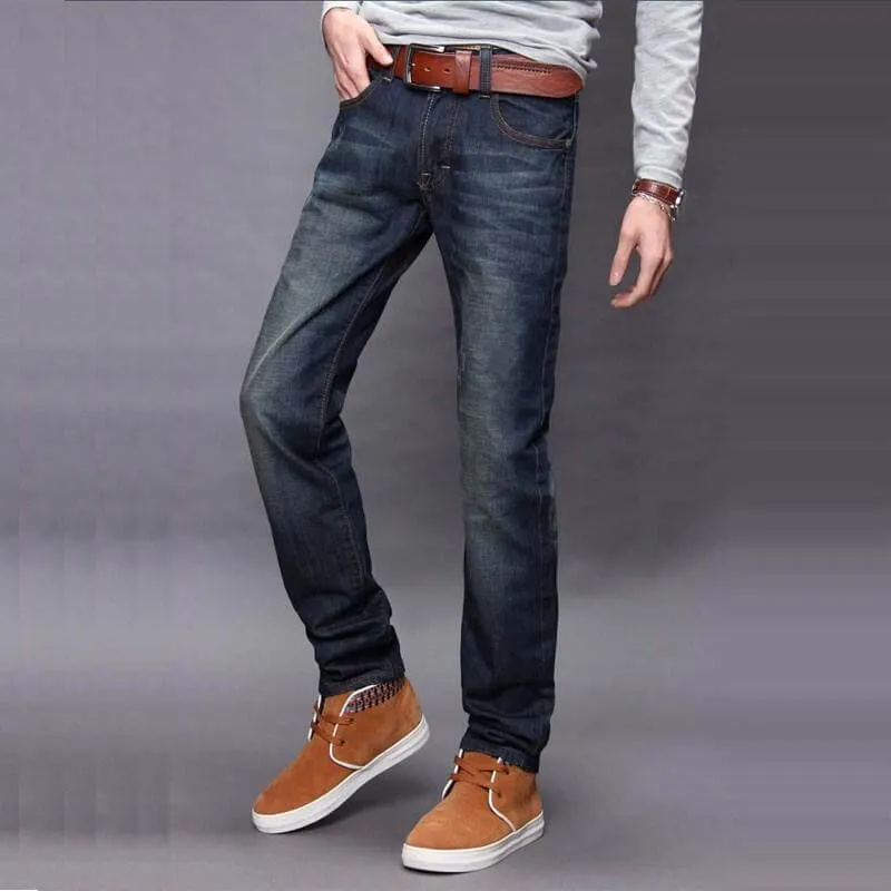 Classic Men Casual Mid-Rise Straight Denim Jeans