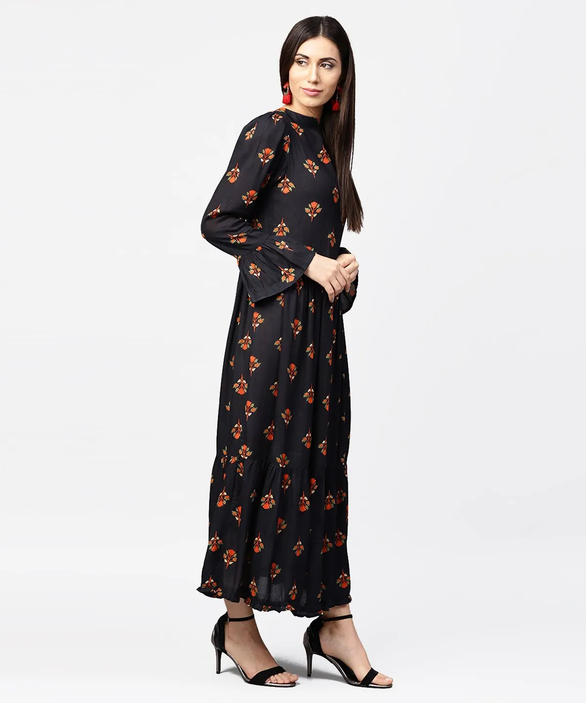 Dark Blue Full Sleeve Closed Neck Cotton Maxi Dress