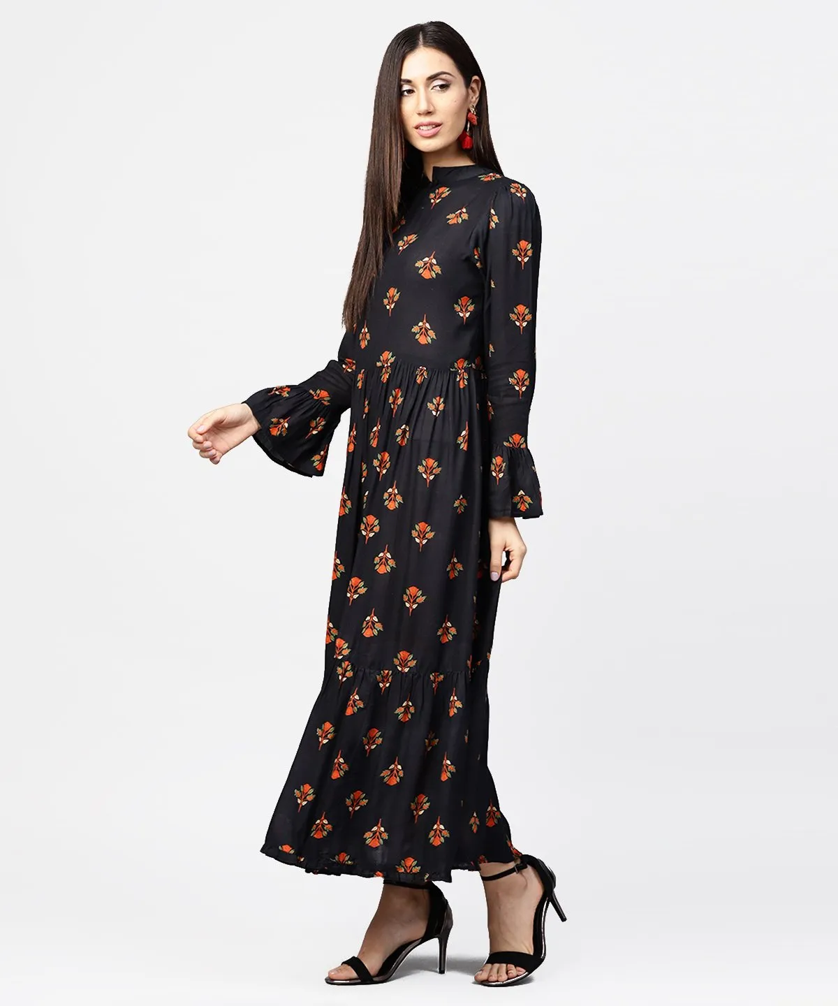 Dark Blue Full Sleeve Closed Neck Cotton Maxi Dress