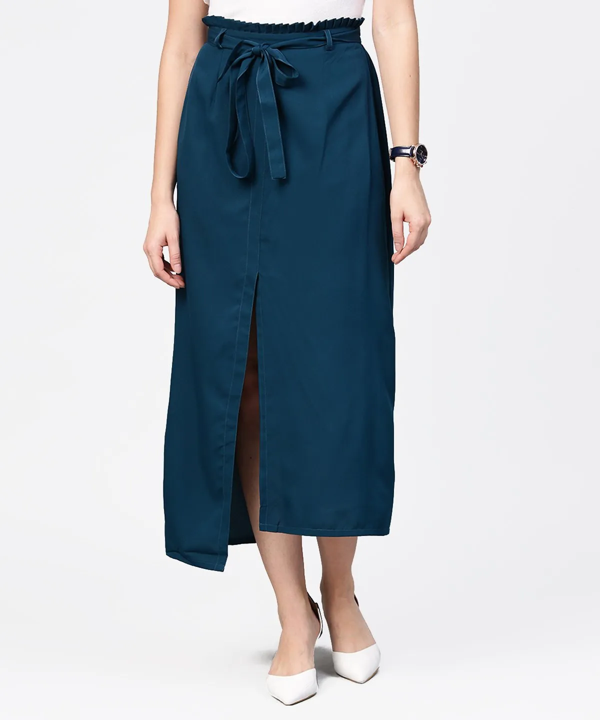 Denim Blue Ankle Length Trouser With Belt