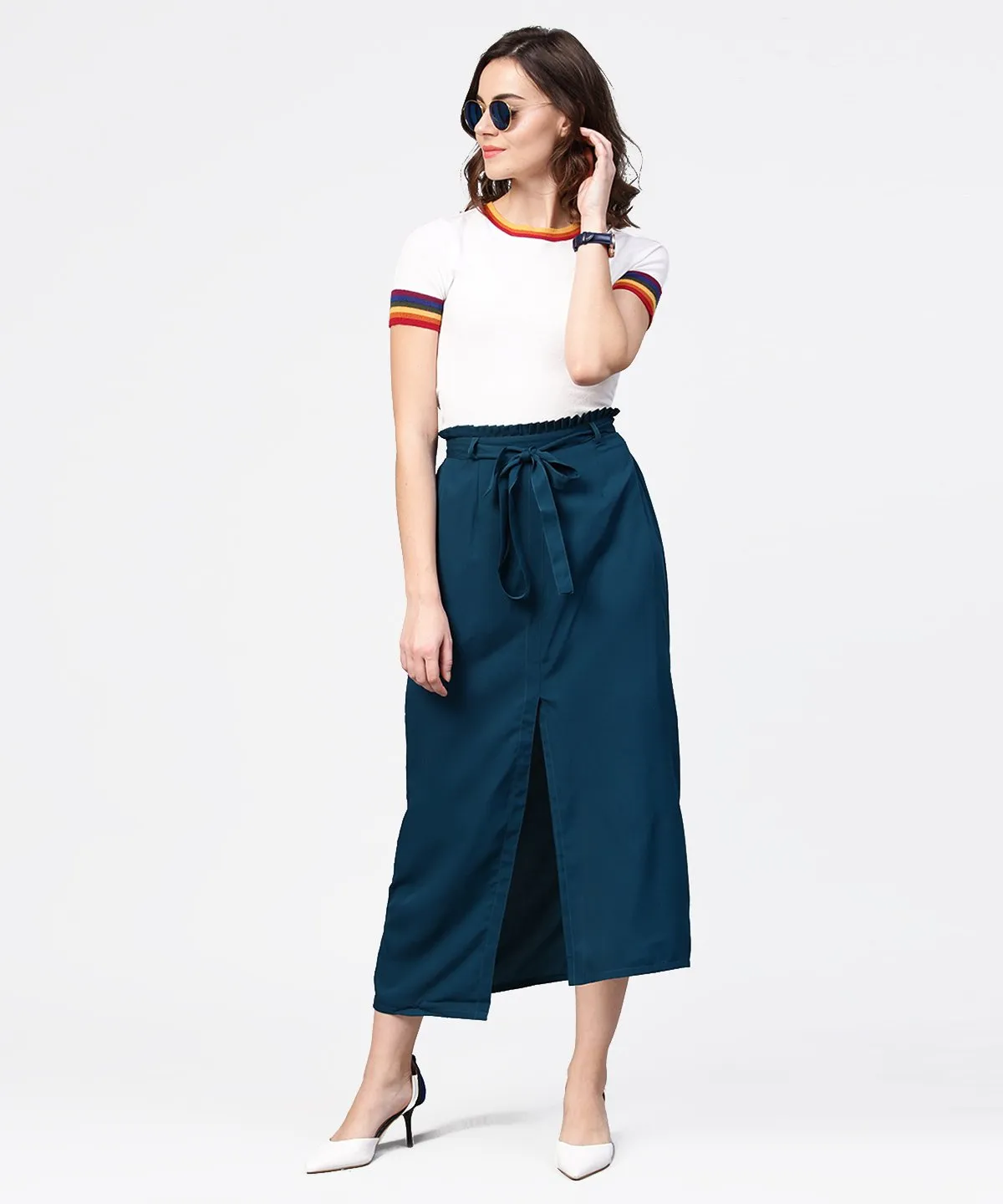 Denim Blue Ankle Length Trouser With Belt