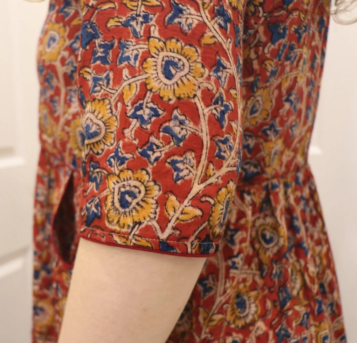 Fair Trade Kalamkari Placket Top Red Bouquet Design