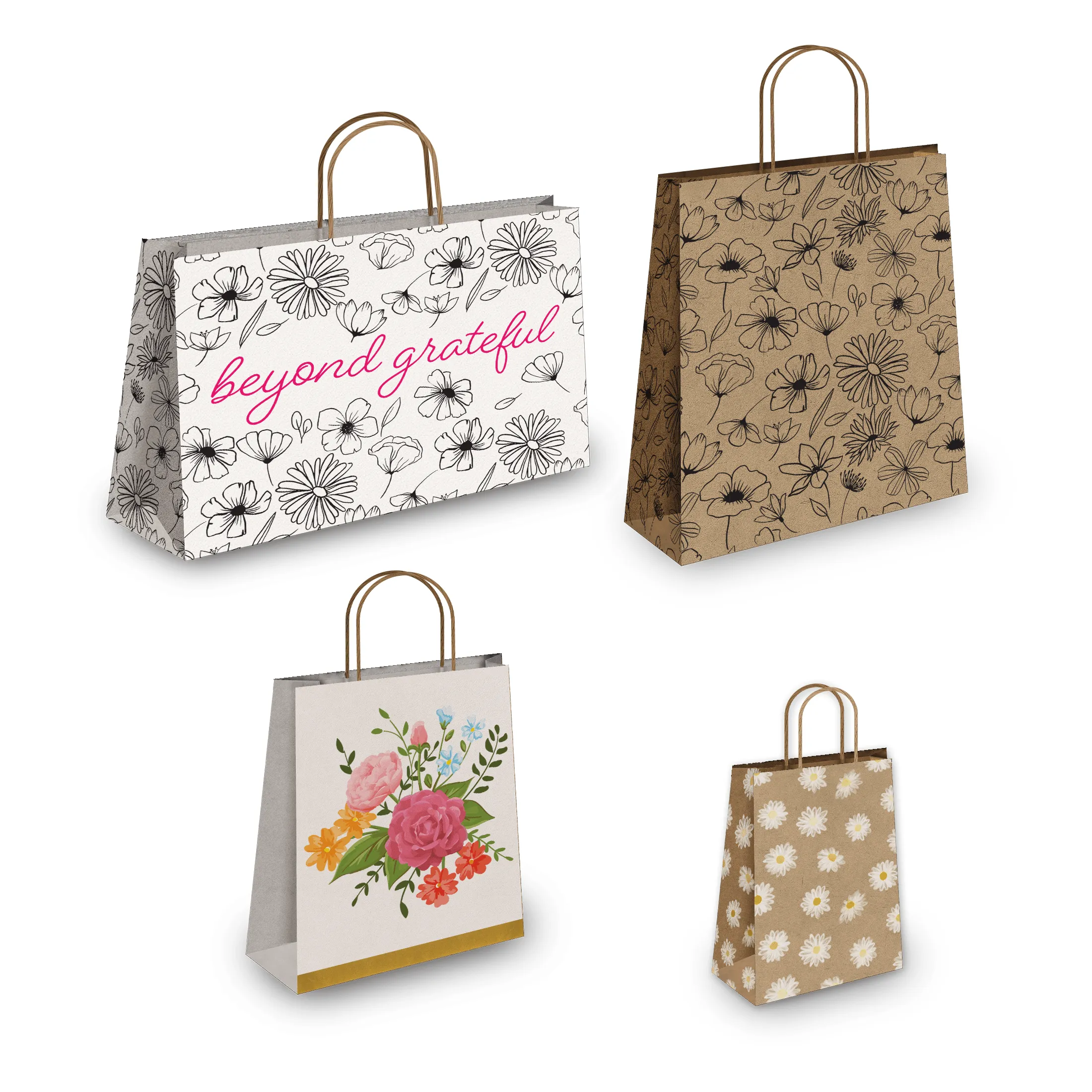 Floral Kraft Gift Bags Mixed Size Set