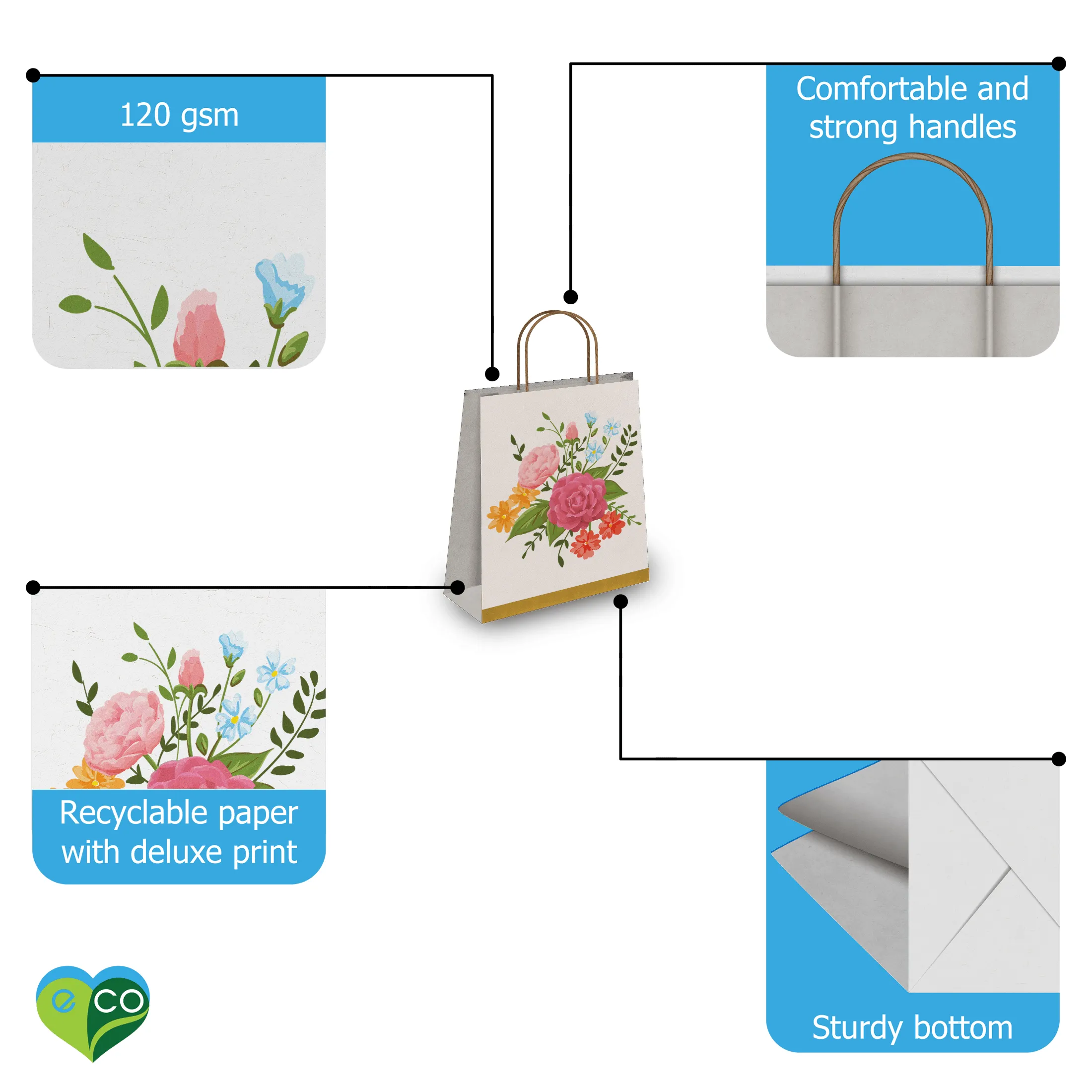 Floral Kraft Gift Bags Mixed Size Set