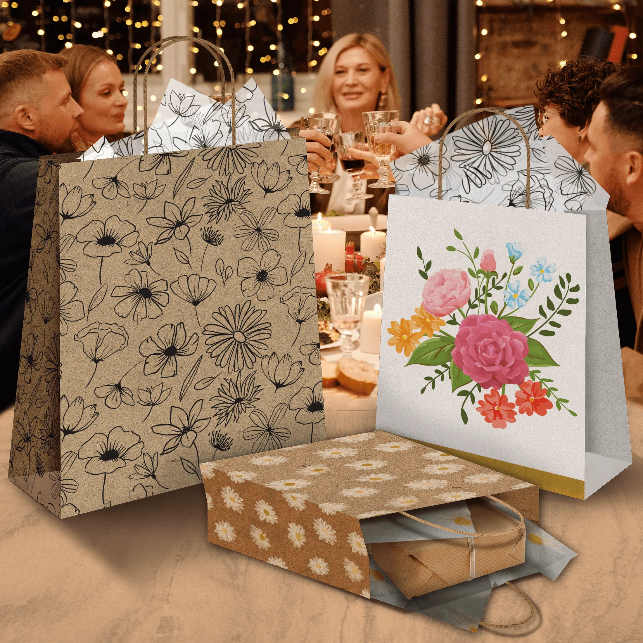 Floral Kraft Gift Bags Mixed Size Set