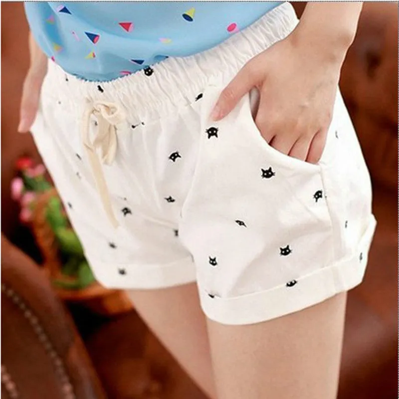 Free shipping 2016 New Summer Shorts With Cats Pattern High Waist Elastic Cotton Short Fresh Floral Women Shorts Feminino A212