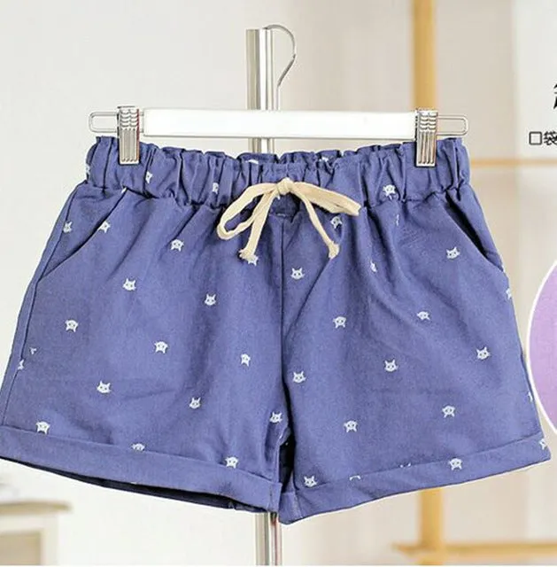 Free shipping 2016 New Summer Shorts With Cats Pattern High Waist Elastic Cotton Short Fresh Floral Women Shorts Feminino A212