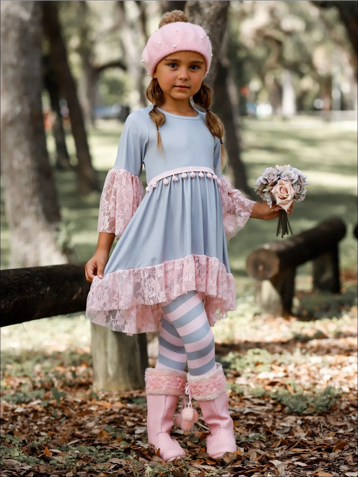 Girls Lace Ruffled Hi-Lo Waist Trim Tunic And Legging Set