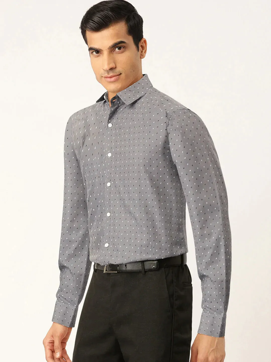 Grey Men'S Cotton Printed Formal Shirts