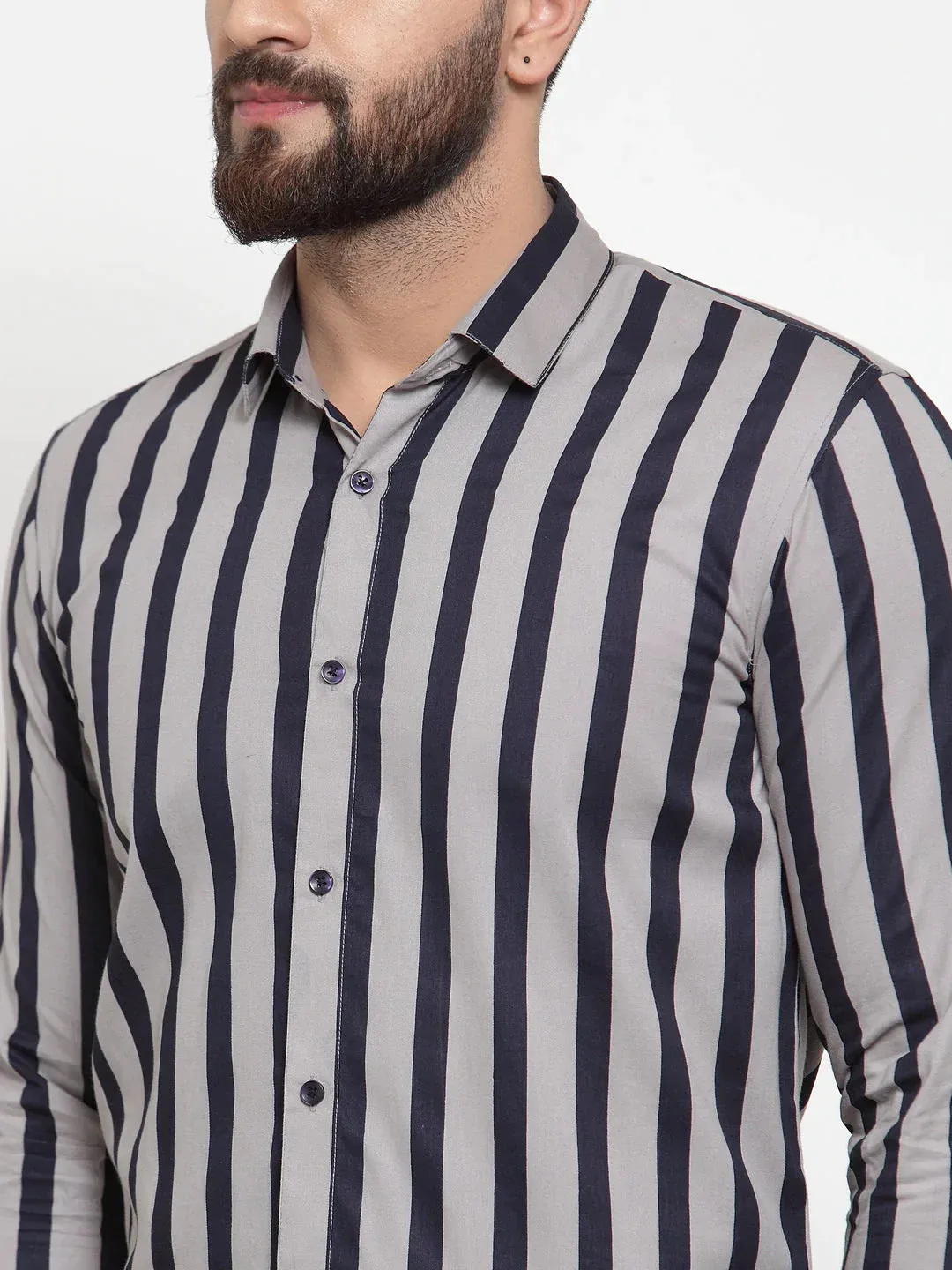 Grey Men'S Cotton Striped Formal Shirts