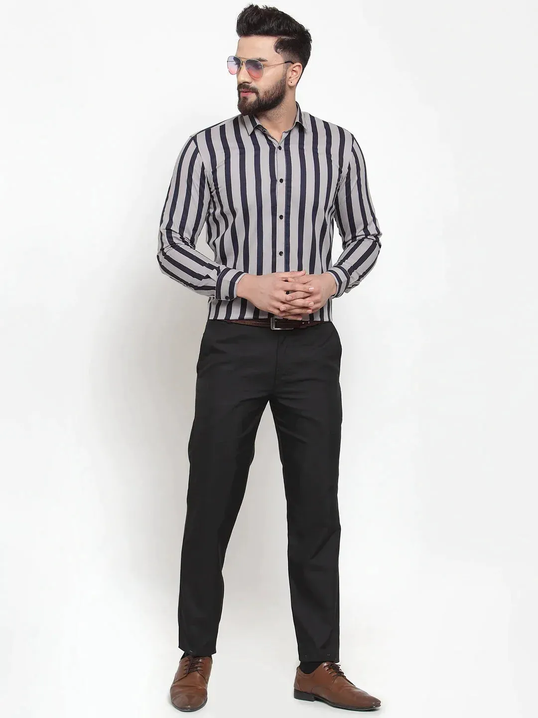 Grey Men'S Cotton Striped Formal Shirts