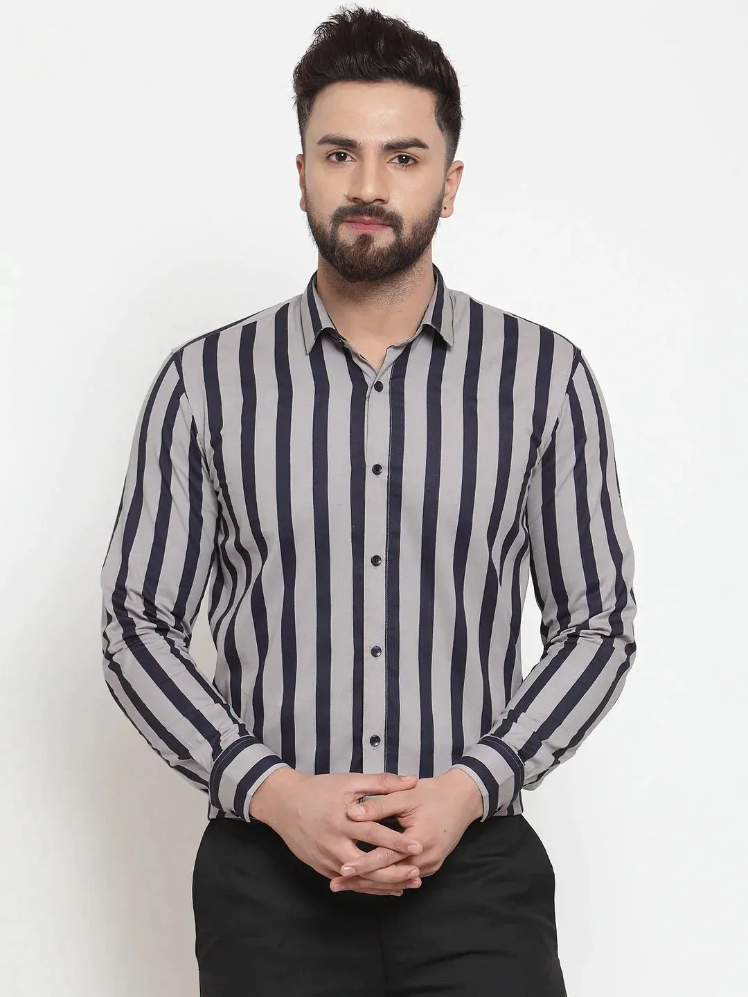 Grey Men'S Cotton Striped Formal Shirts