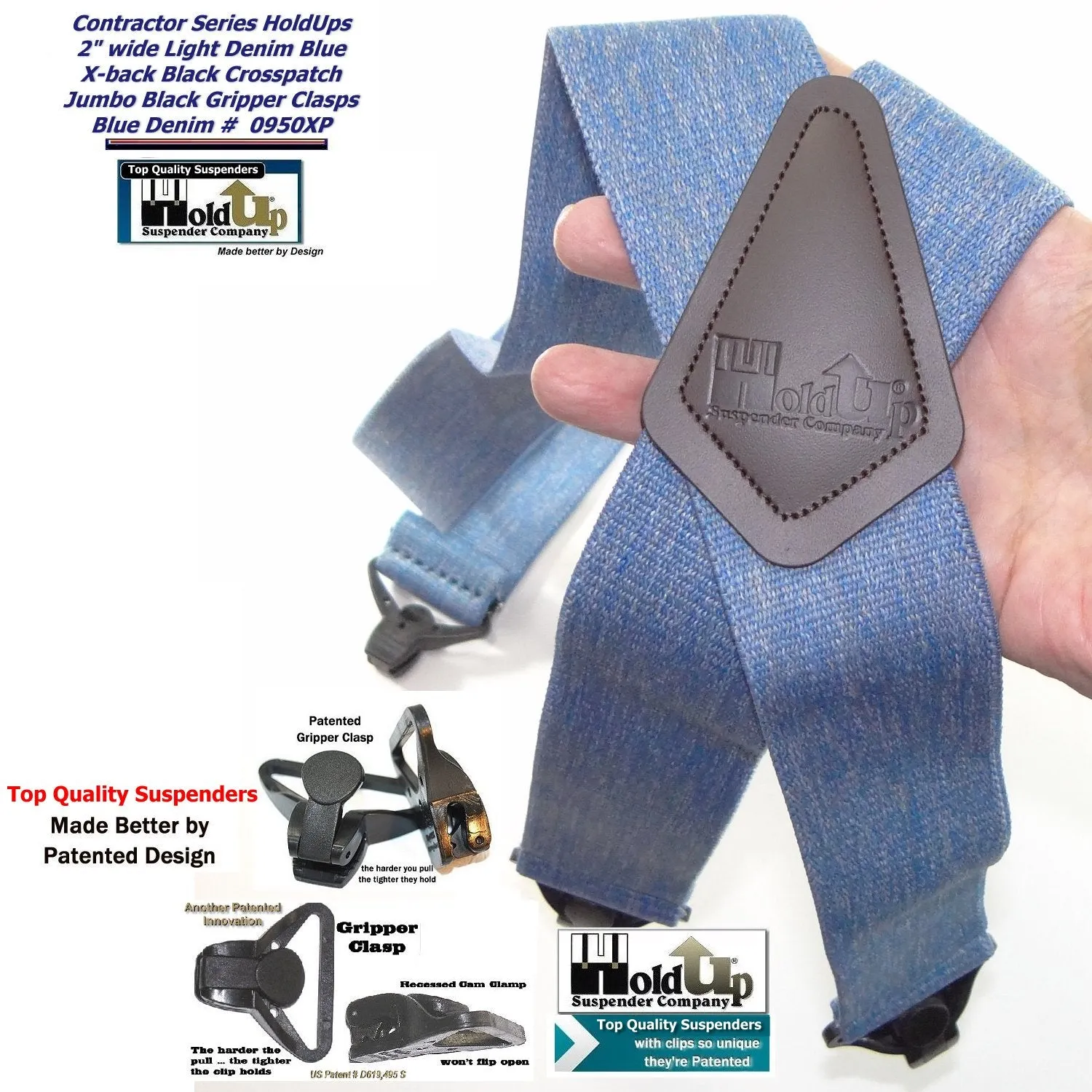 Holdup Brand Heavy Duty Blue Denim 2" Wide Work X-back Suspenders with strong USA Patented Jumbo Gripper Clasps