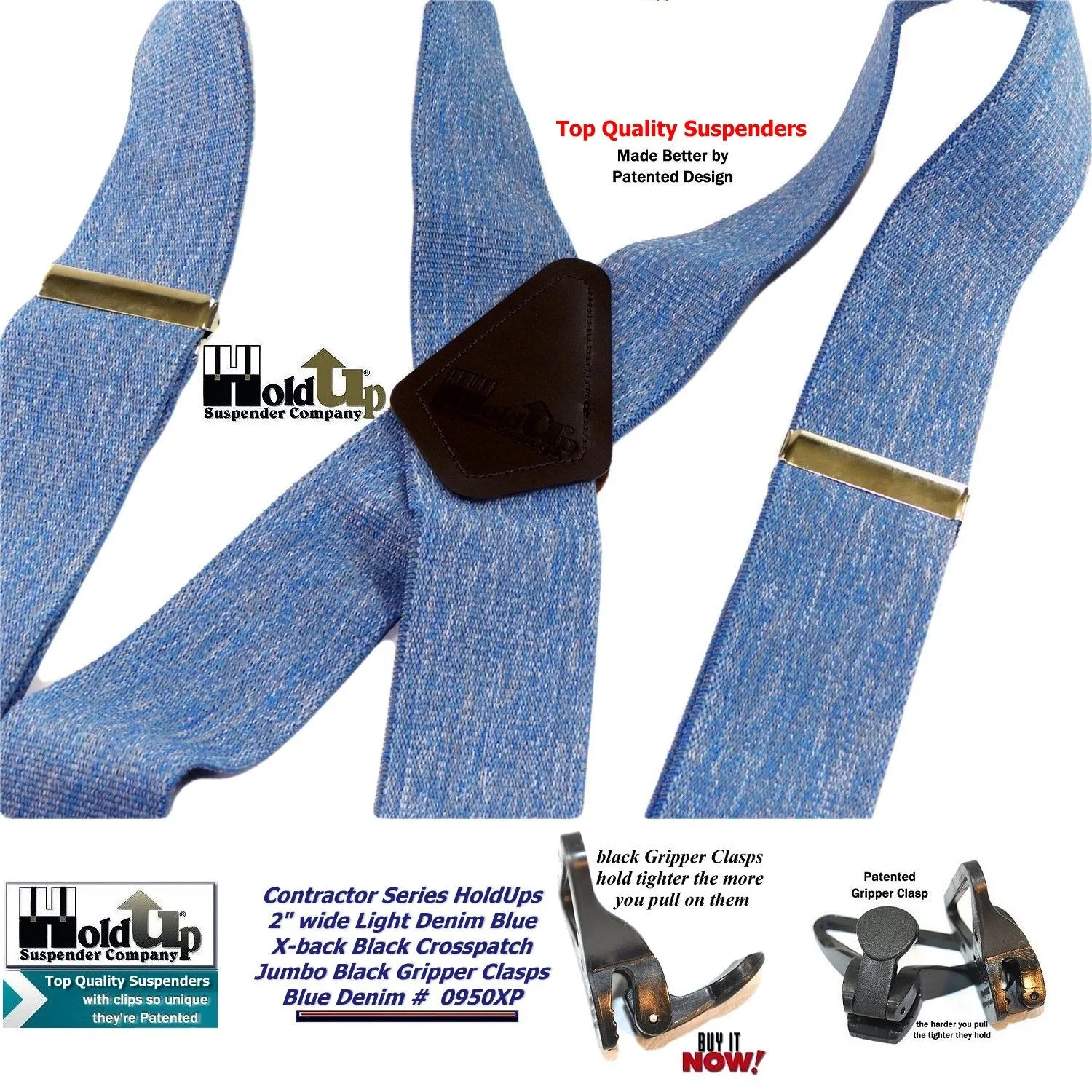 Holdup Brand Heavy Duty Blue Denim 2" Wide Work X-back Suspenders with strong USA Patented Jumbo Gripper Clasps