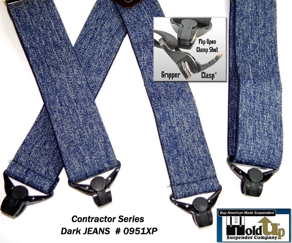 Holdup Brand Heavy Duty Dark Denim Work Suspenders with jumbo USA Patented Gripper Clasps