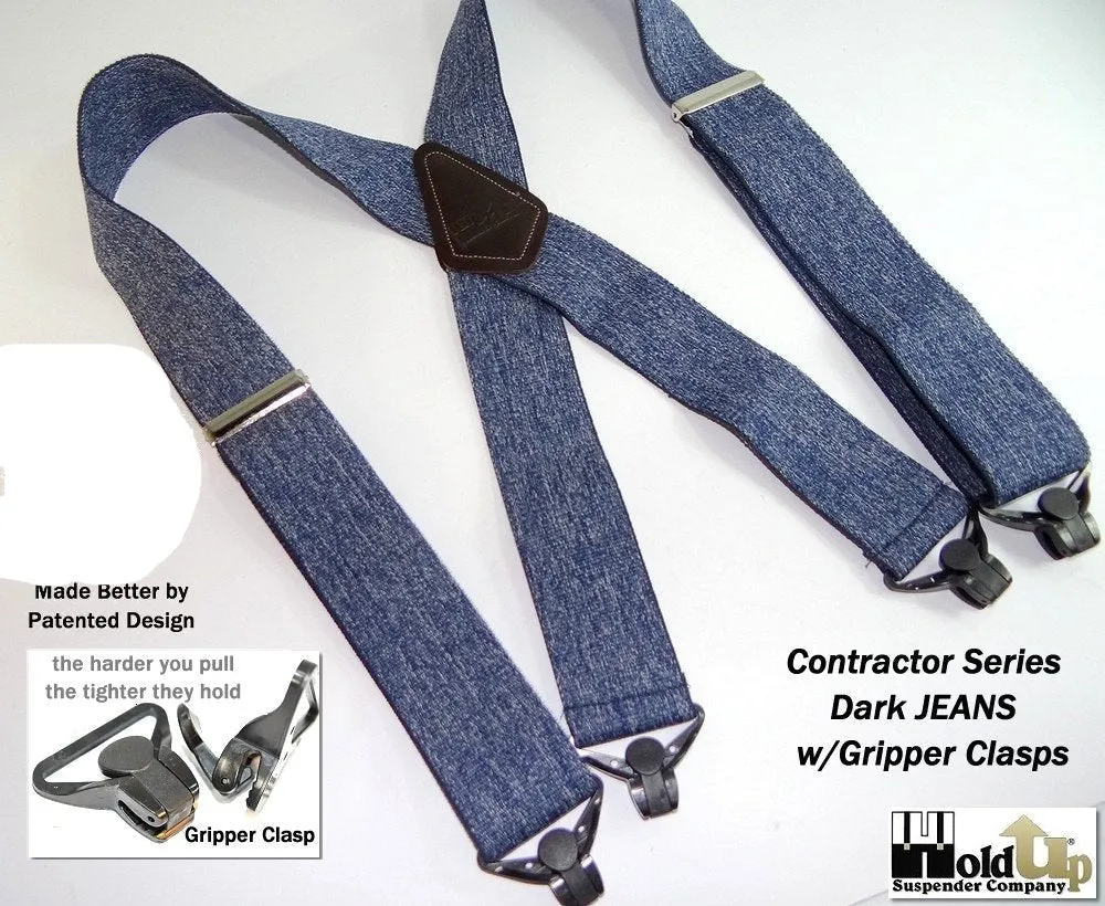 Holdup Brand Heavy Duty Dark Denim Work Suspenders with jumbo USA Patented Gripper Clasps