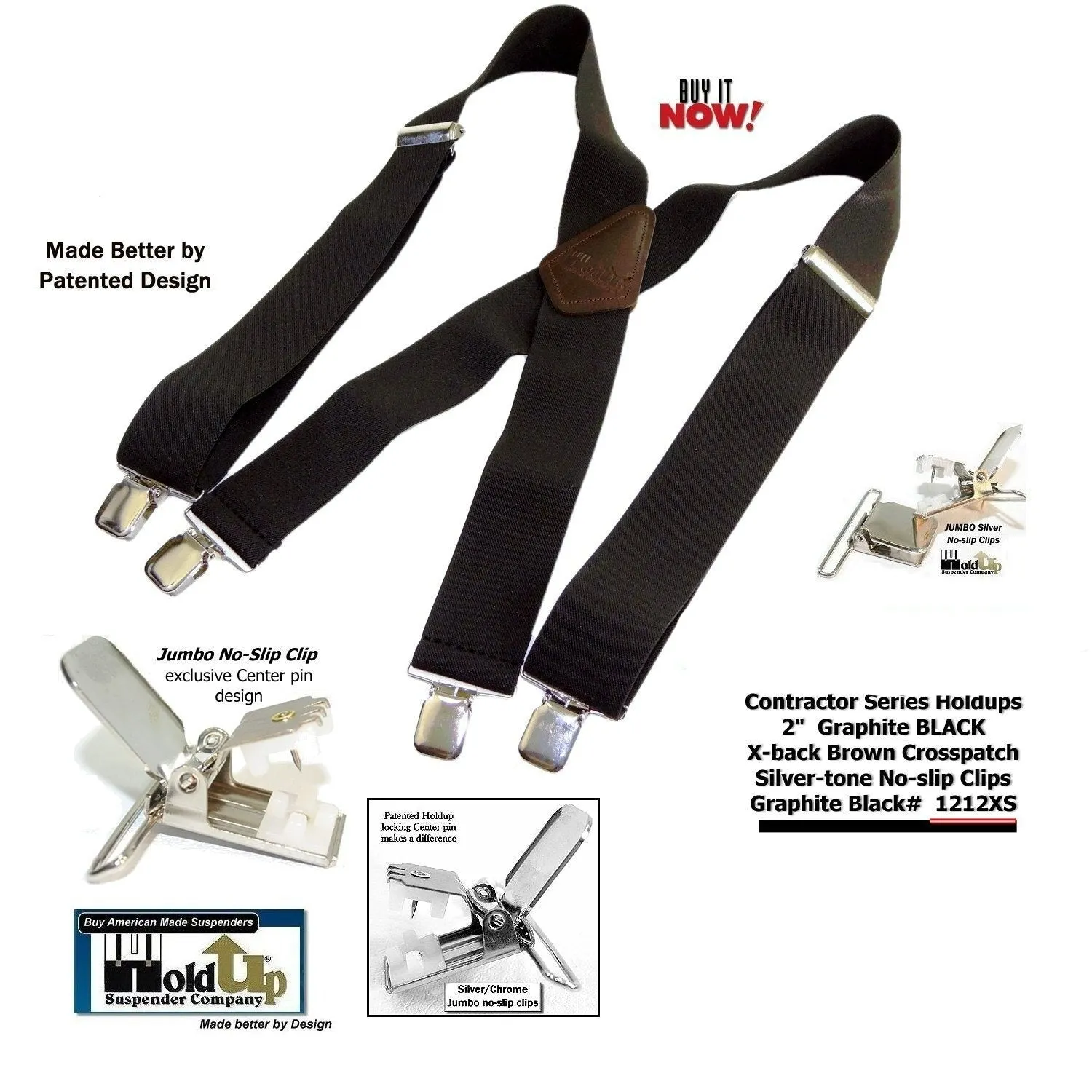 Holdup Suspenders in Wide heavy duty Graphite Black color  in X-back Style with Patented No-slip Jumbo Silver Clips