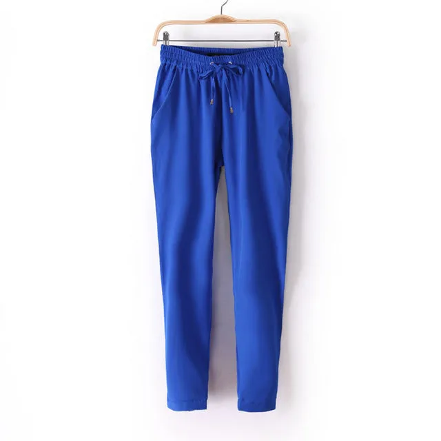 Hot Sale Casual Women Chiffon Pants Elastic Waist Solid Color Office OL Pants Summer Slim Lady Pants  AB17