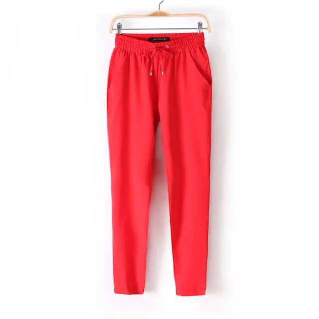 Hot Sale Casual Women Chiffon Pants Elastic Waist Solid Color Office OL Pants Summer Slim Lady Pants  AB17