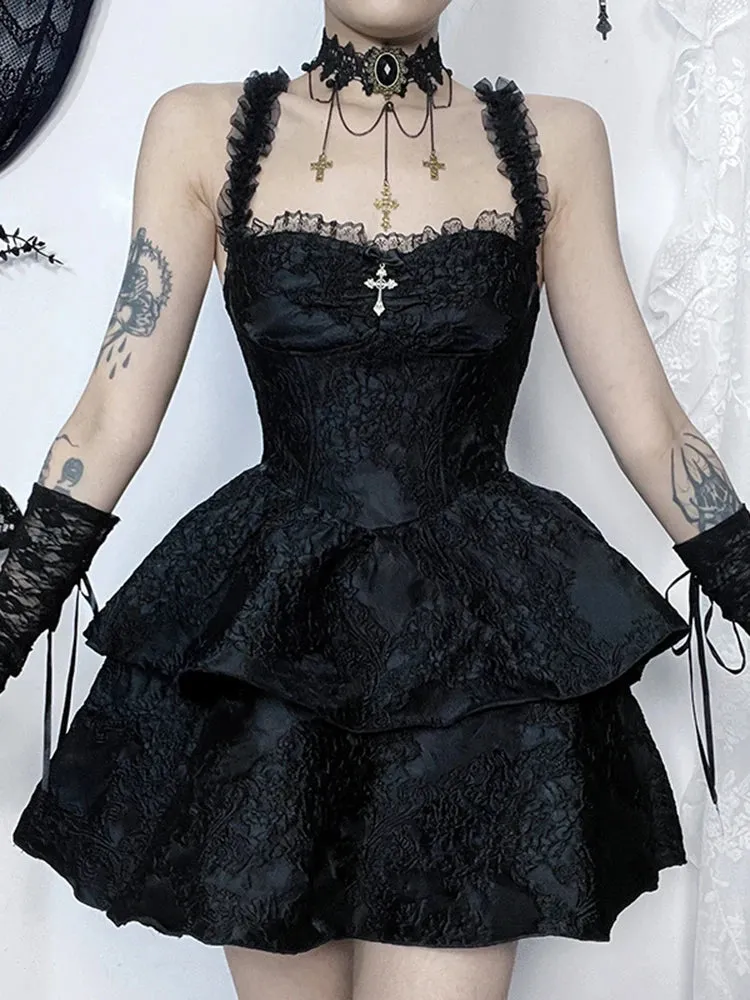 InsGoth Gothic Jacquard Double Cake Suspender Vintage Lace Trim Backless A Line Mini Sexy Club Gothic Dress